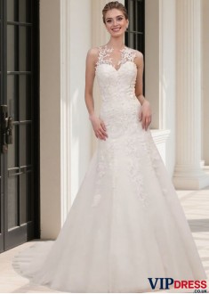 Wedding Ball Gown Sleeveless Scoop Neck Tulle & Satin A-Line Bridal Dress
