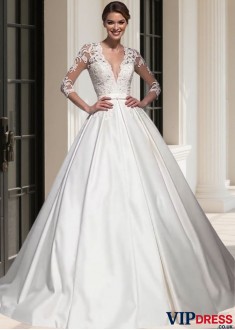 V Neck 3/4 Sleeves Tulle & Satin A-Line Wedding Dress – UK Bridal Gowns
