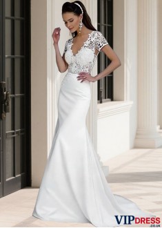 V-Neck Lace Satin Sweep Train Mermaid Bridal Gown