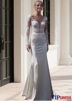 V Neck Mermaid Bridal Gown with Long Illusion Sleeves