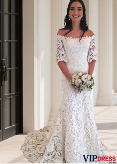 Off-The-Shoulder Women Mermaid Wedding Dress with 1/2 Lace Sleeves