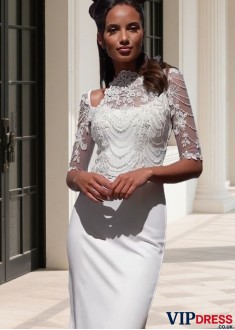 High Neck Wedding Dress – Tulle & Satin Full-Length Sheath Gown