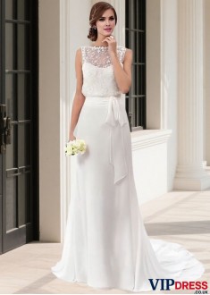 Tulle Chiffon Sheath Chapel Train Beach Bridal Dress