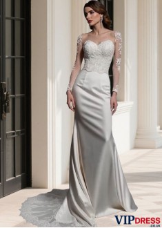 Elegant Satin Bateau Neck Long Sleeve Sweep Train Wedding Dress