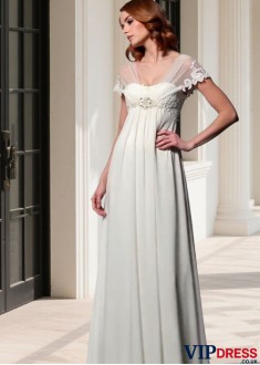 Empire Waist V-Neck Chiffon & Tulle Wedding Dress Short Cap Sleeve 