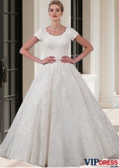 Plus Size Scoop Neck Tulle A-Line Wedding Dress with Short Sleeves