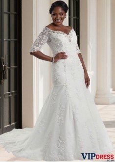 Off The Shoulder Plus Size Wedding Dress with 3/4 Illusion Sleeves and A-Line Silhouette