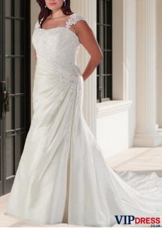 Plus Size Square Neck Taffeta Sheath Wedding Dress with Raised Waist