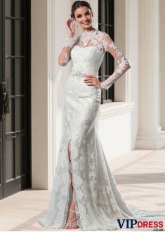 Lace High Neck Long Sleeve Sheath Wedding Dress – Bridal Gown UK