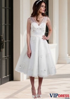 Short Wedding Dress V-Neck Sleeveless Tea-Length A Line Bridal Gown