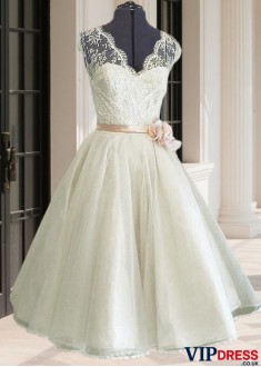 Tulle Organza Short Sleeve A-Line Tea-Length Bridal Dress