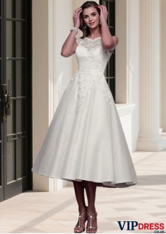 Tulle Jewel Neckline Tea Length Short Wedding Dress with Cap Sleeves