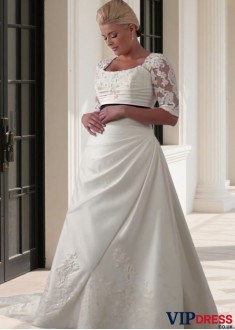 Plus Size Square Neck A-Line Wedding Dress with Illusion Half Sleeves