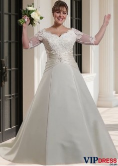 Off-the-Shoulder Plus Size A-Line Bridal Gown with 3/4 Illusion Sleeves