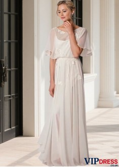 Chiffon Scoop Neck A-Line Beach Wedding Dress with Illusion Short Sleeves