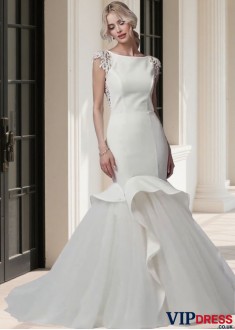 Bateau Neck Satin Tulle Trumpet Wedding Dress with Cap Sleeves