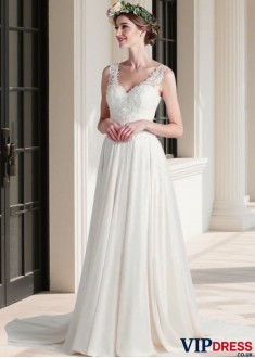 V-Neck Tulle Chiffon Wedding Dress Sleeveless with Lace Appliques