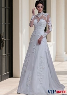 High Neck Long Sleeve Tulle A-Line Wedding Dress & Bridal Gowns