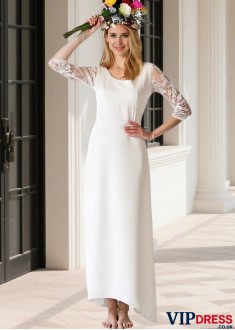 Chiffon Beach Wedding Dress Scoop Neck 3/4 Sleeves Ankle Length