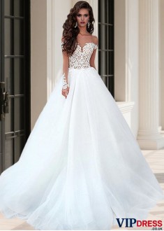 Long Illusion Sleeve Tulle Beach Ball Gown