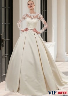 Elegant Long Sleeve Illusion Bateau Neck Tulle Satin Ball Gown Wedding Dress
