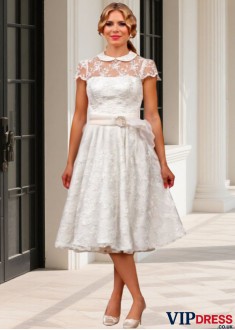 Lace & Organza High Collar Tea Length Short Wedding Dresses UK