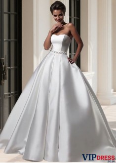 Elegant Satin Strapless A-Line Wedding Gowns UK with Chapel Train