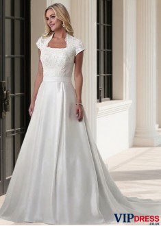 Satin Queen Anne Neck Sweep Train Bridal Gown