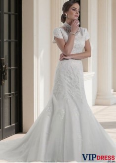 High Collar Mermaid Bridal Dresses with Short T-Shirt Sleeves 