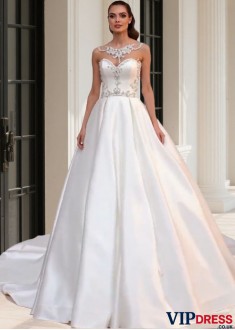 Elegant Scoop Neckline Tulle Satin A-Line Sleeveless Wedding Dresses