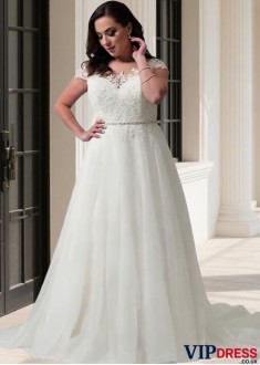 Jewel Neckline Plus Size Cathedral Train Bridal Gown