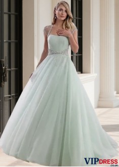 Strapless Tulle Ball Gown Wedding Dress with Short Sleeves and Beading