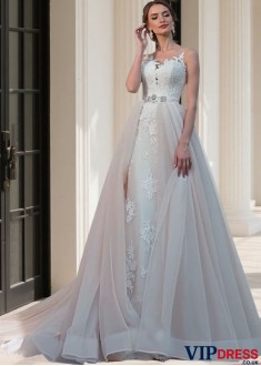 Elegant 2 in 1 Beach Wedding Ball Gown Tulle Jewel Neck Chapel Train Bridal Dress