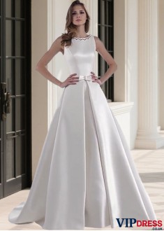 Elegant Satin Bateau Neck Wedding Dress with Cathedral Train Sleeveless Bridal Gown