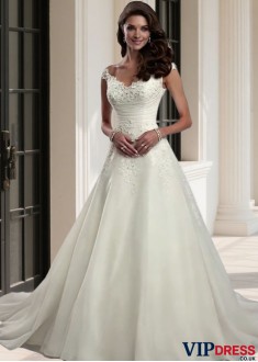 V Neck Short Sleeve A-Line Chapel Train Bridal Gown