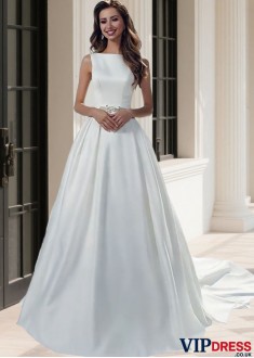Elegant Bateau Neck Satin Tulle A-Line Bridal Gown with Cathedral Train