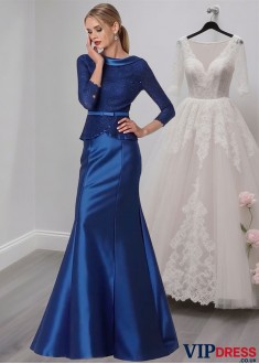 Satin Mother of the Bride Dress – Jewel Neck Mermaid Gown with Sleeves
