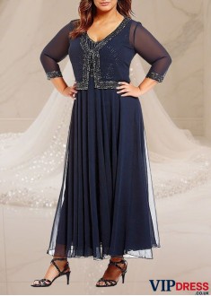 Elegant Navy V-Neck Ankle-Length Chiffon Mother of the Bride Dress
