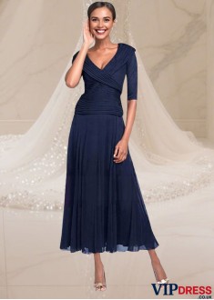 Navy V-Neck Mother of the Bride Dress – Tea Length A-Line Gowns