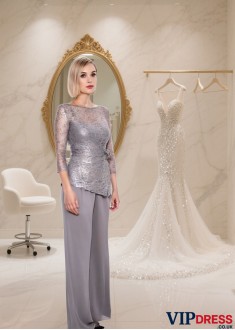  Lace Chiffon Mother of the Bride Pantsuit with Bateau Neckline and Illusion Sleeves