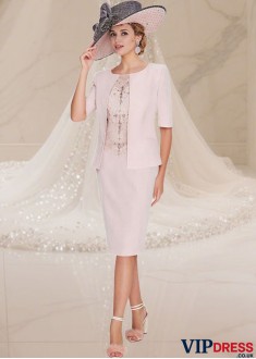 Pink Satin Mother of the Bride Dress with Jacket – Bateau Neck Knee-Length Sheath