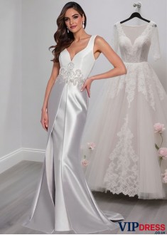 Elegant Full-Length Tulle and Satin V-Neck Mother of the Bride Dress