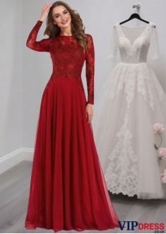 Red Chiffon A-Line Mother of the Bride Dress with Jewel Neck and Long Sleeves
