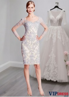 Knee-Length Tulle V-Neck Illusion Sleeve Mother of the Bride Formal Dress