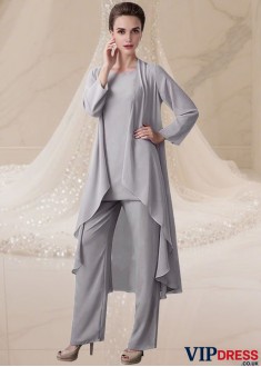 Elegant Gray Three-Piece Chiffon Mother of the Bride Pantsuit – Full Length with Jacket