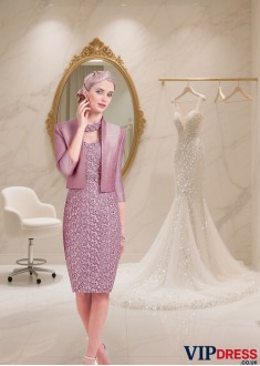 V-Neck Lace Mother of the Bride Dress with Jacket – Knee-Length Sheath Style