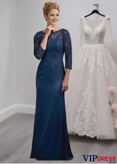 Elegant Blue Lace Satin Chiffon Mother of the Bride Dress with Jewel Neckline