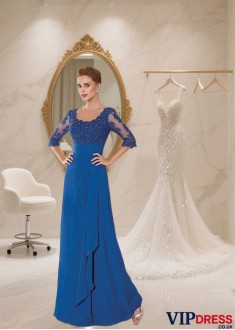 Full-Length A-Line Tulle Chiffon Mother of the Bride Dress with Illusion Sleeves