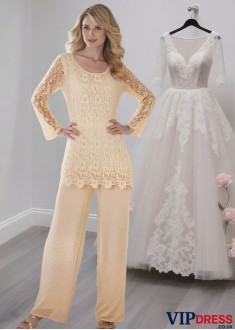Scoop Neck Chiffon Lace Pantsuit with Illusion Sleeves for Mother of the Bride