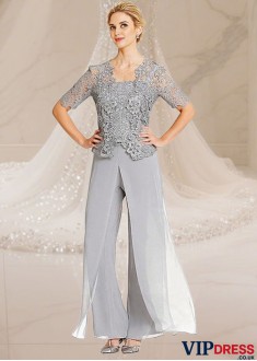 Elegant Gray Full-Length Chiffon Mother of the Bride Pantsuit with Jacket